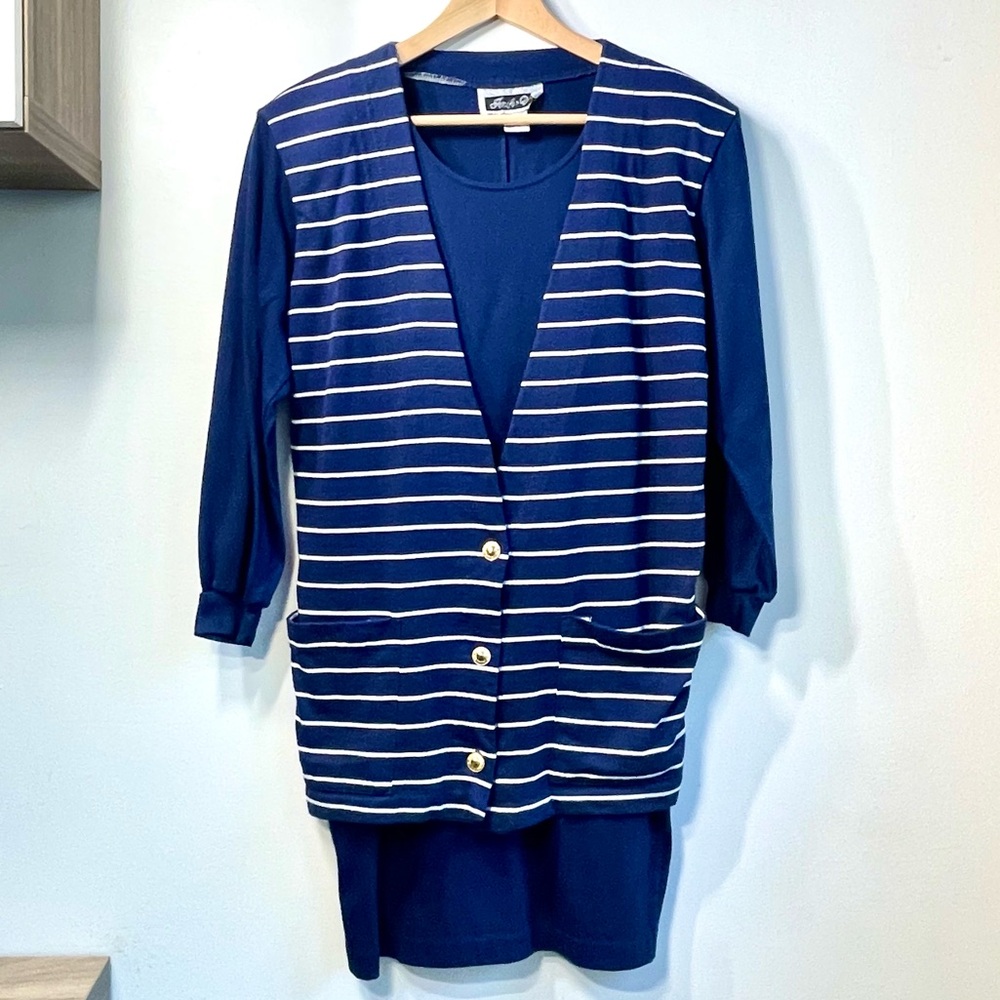 Women’s Vintage Sweater Dress Navy with Gold Buttons Striped sz Small Jenifer V